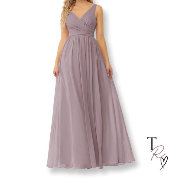 Azazie NWT Kora Chiffon Bridesmaid Formal Gown in Purple Dusk Size 12 - Picture 1 of 16